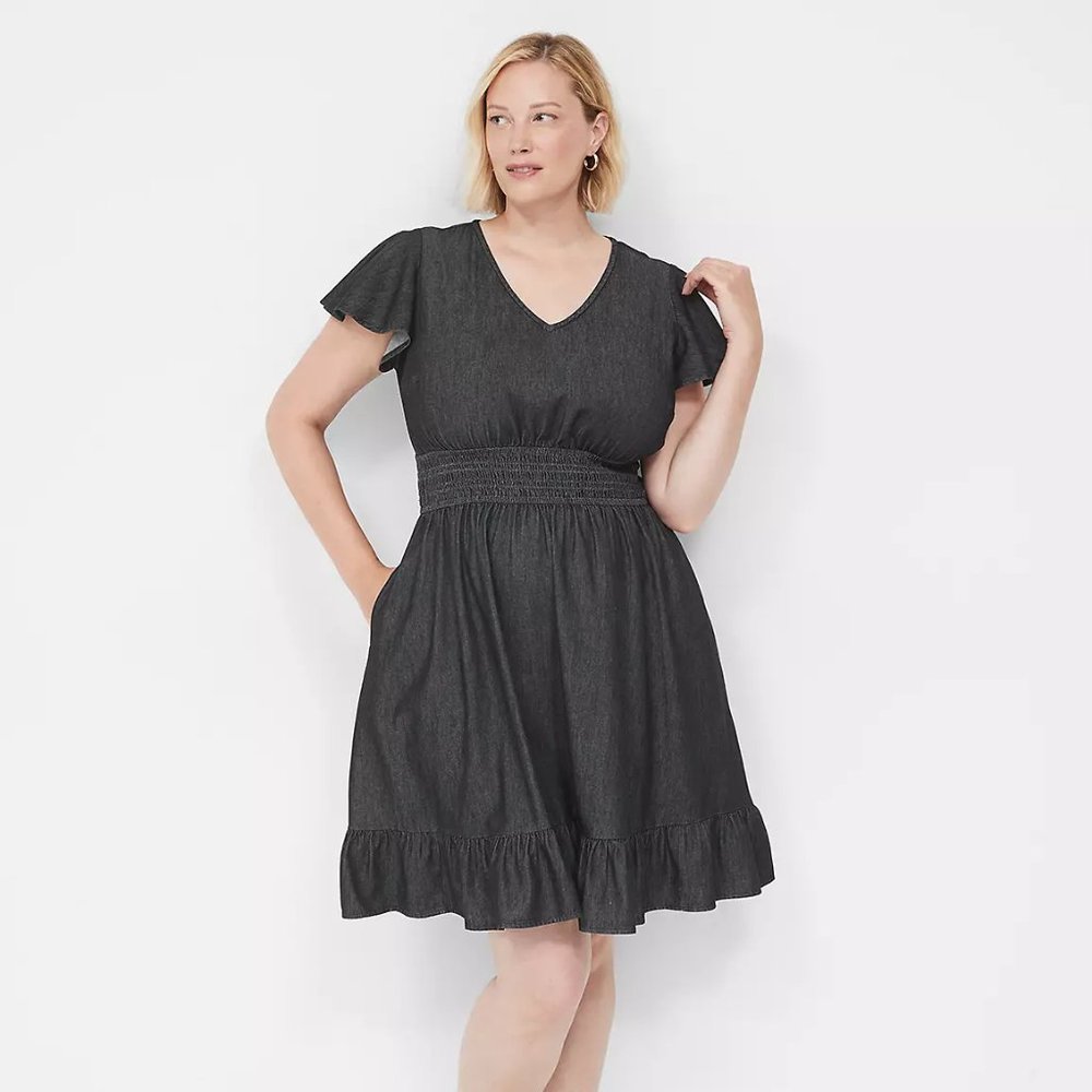 LANE BRYANT Vneck smocked waist flutter sleeve denim dress NEW WITH TAGS sz 22